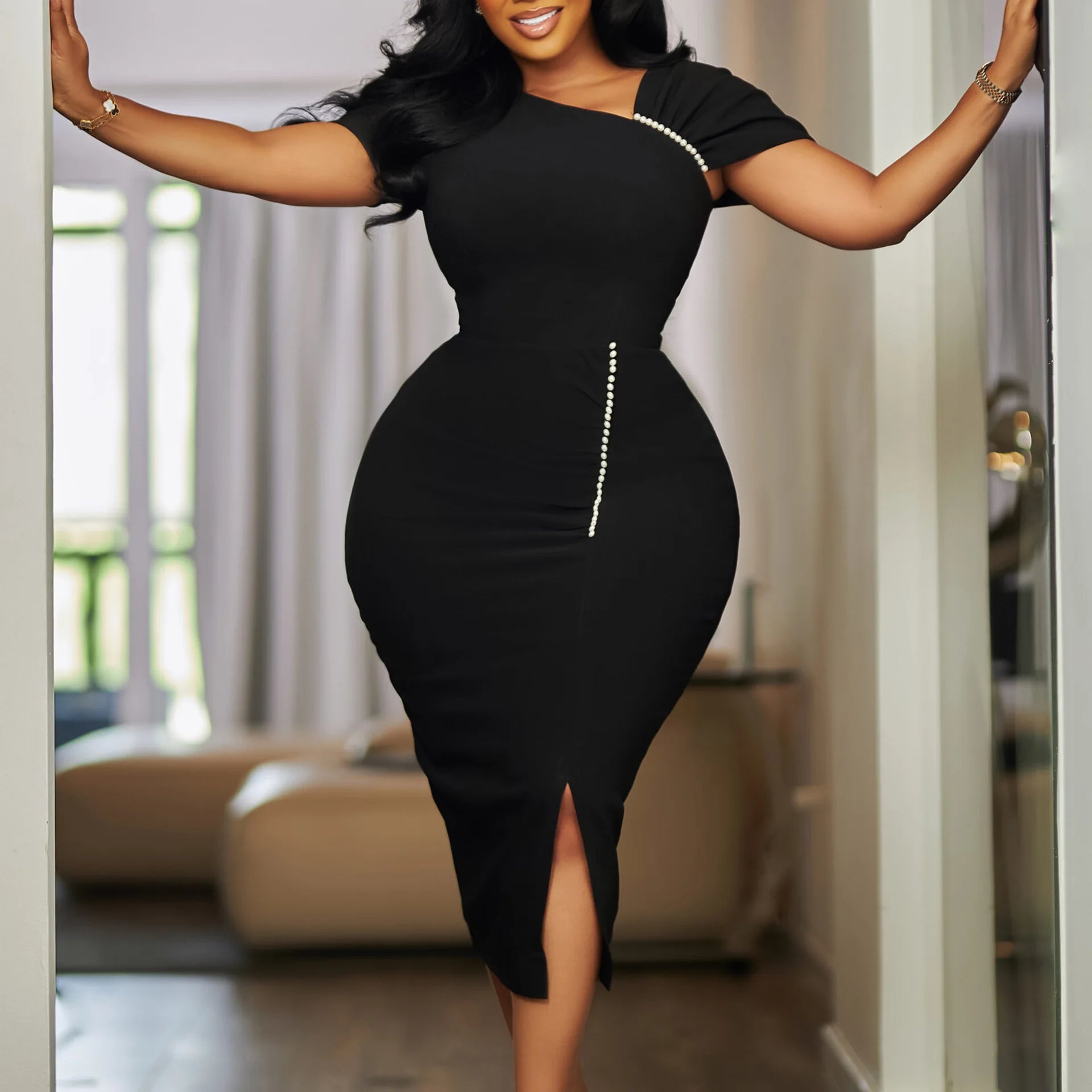 African Beaded Pencil Dress – Elegant High Waist Midi