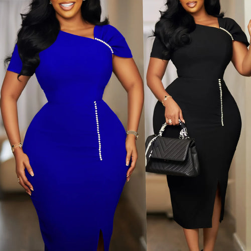 African Beaded Pencil Dress – Elegant High Waist Midi