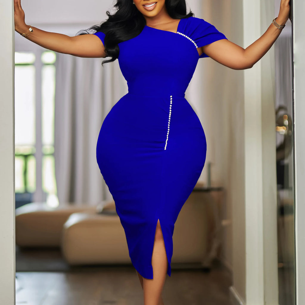African Beaded Pencil Dress – Elegant High Waist Midi