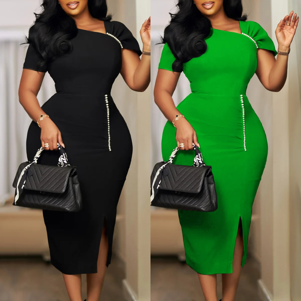 African Beaded Pencil Dress – Elegant High Waist Midi