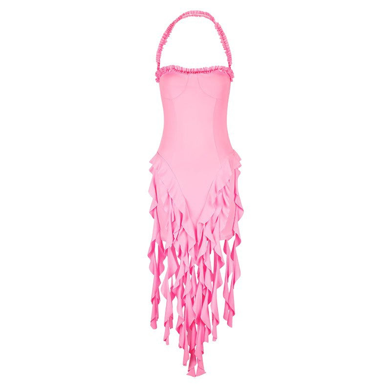 Sexy Pink Ruffle Tassel Sling Dress