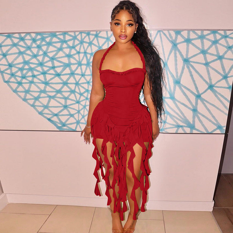 Sexy Pink Ruffle Tassel Sling Dress