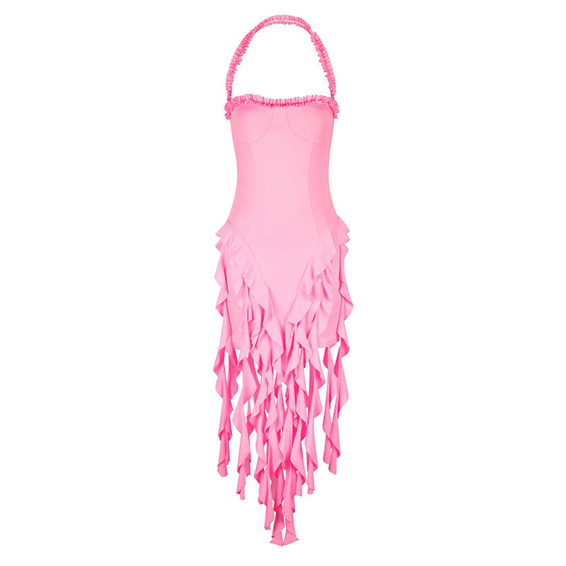 Sexy Pink Ruffle Tassel Sling Dress