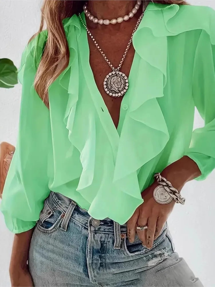 Women's Shirt V-neck Long-sleeved Ruffle Top Spring Summer Fashion Elegant Solid Office Holiday Casual Shirts Womens Clothing