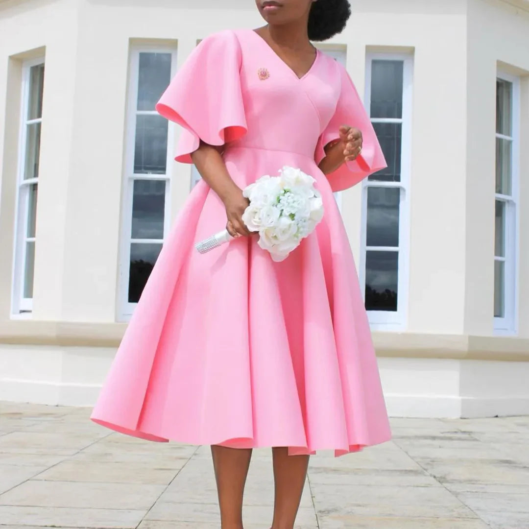 Elegant Dresses for Women V Neck Flare Sleeve High Waisted Pleated A Line Mid Calf Luxury Birthday Party Dinner Vestidos Mujer