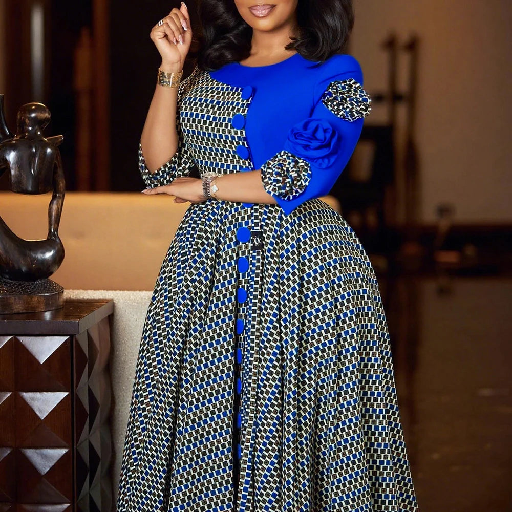3D Flower A-Line Evening Dress – African Plaid Party Style