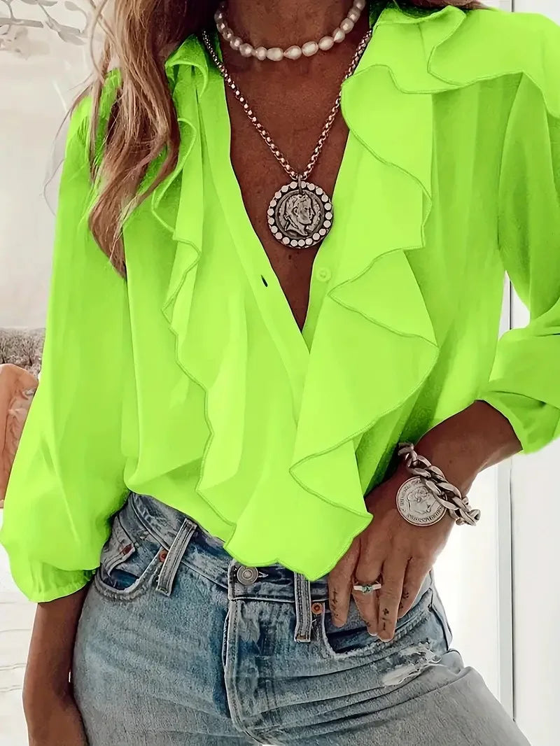 Women's Shirt V-neck Long-sleeved Ruffle Top Spring Summer Fashion Elegant Solid Office Holiday Casual Shirts Womens Clothing