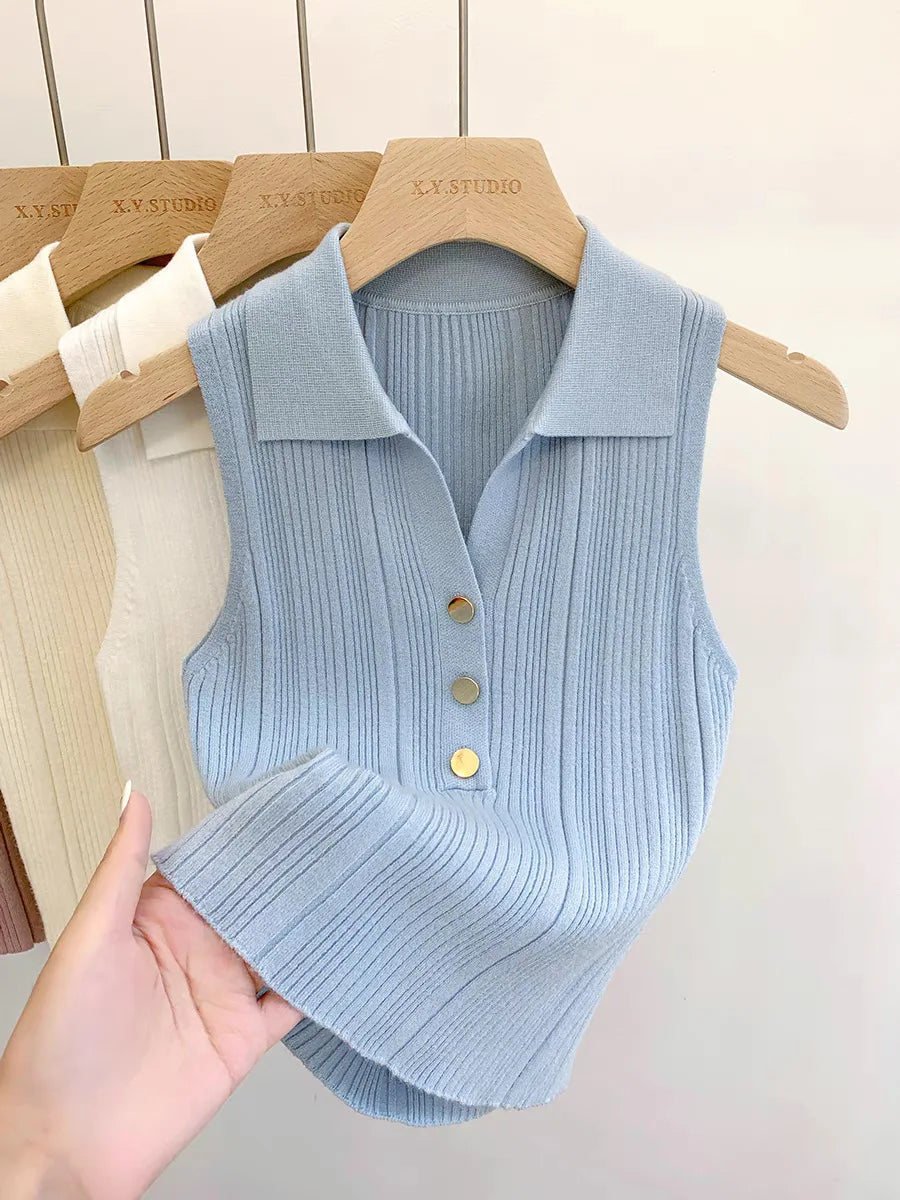 Summer Turn Down Collar Gold Button Slim Knitted Sweater Vests Elegant Knitwear Tank Tops BSTFSC-m1948