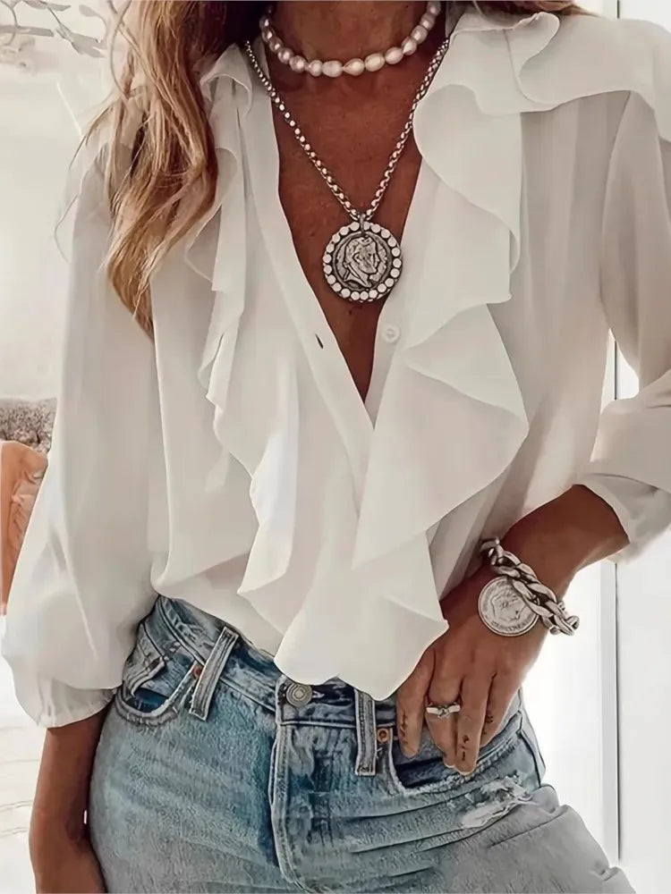 Women's Shirt V-neck Long-sleeved Ruffle Top Spring Summer Fashion Elegant Solid Office Holiday Casual Shirts Womens Clothing