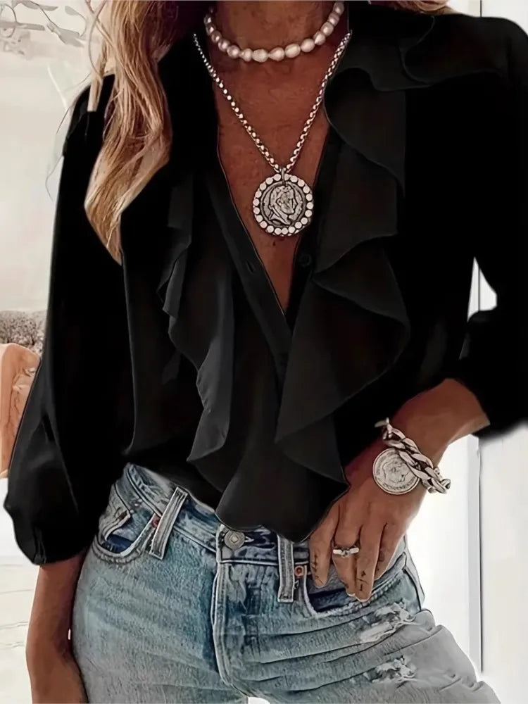 Women's Shirt V-neck Long-sleeved Ruffle Top Spring Summer Fashion Elegant Solid Office Holiday Casual Shirts Womens Clothing