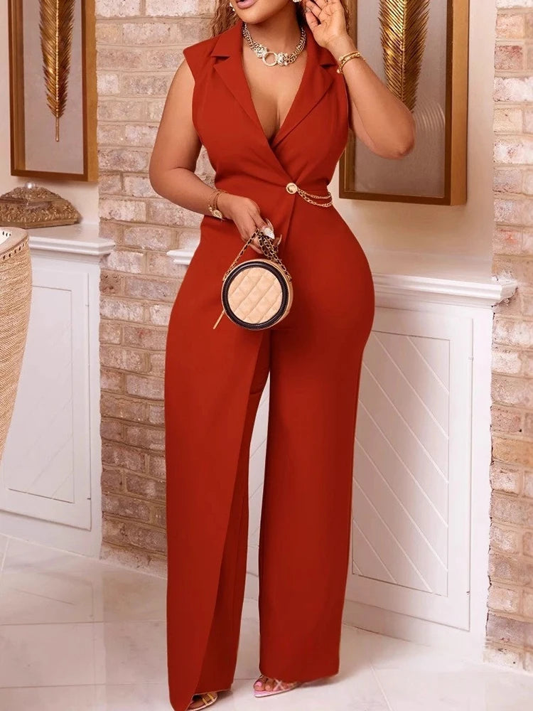Chain V-Neck Blazer Jumpsuit – Sleeveless Full Length