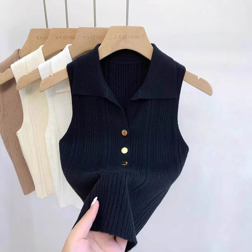Summer Turn Down Collar Gold Button Slim Knitted Sweater Vests Elegant Knitwear Tank Tops BSTFSC-m1948