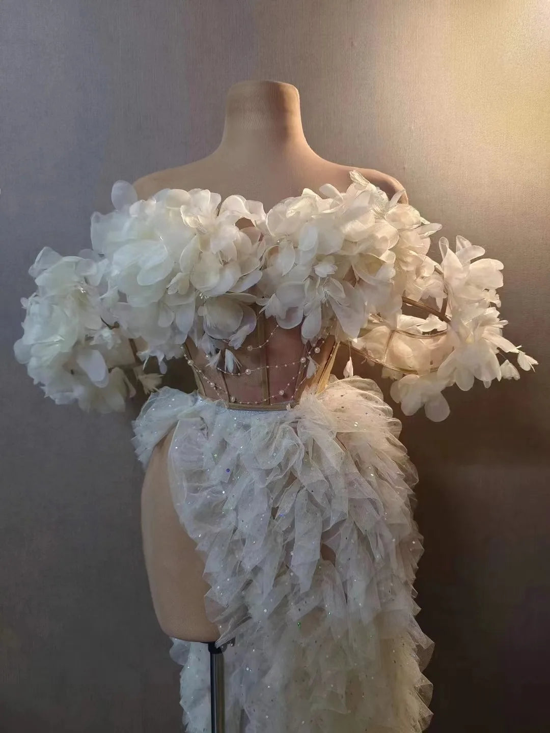 Long Elegant White Flower Evening Dresses For Women Sexy Off Shoulder Beaded Lace African Woman Formal Evening Gowns