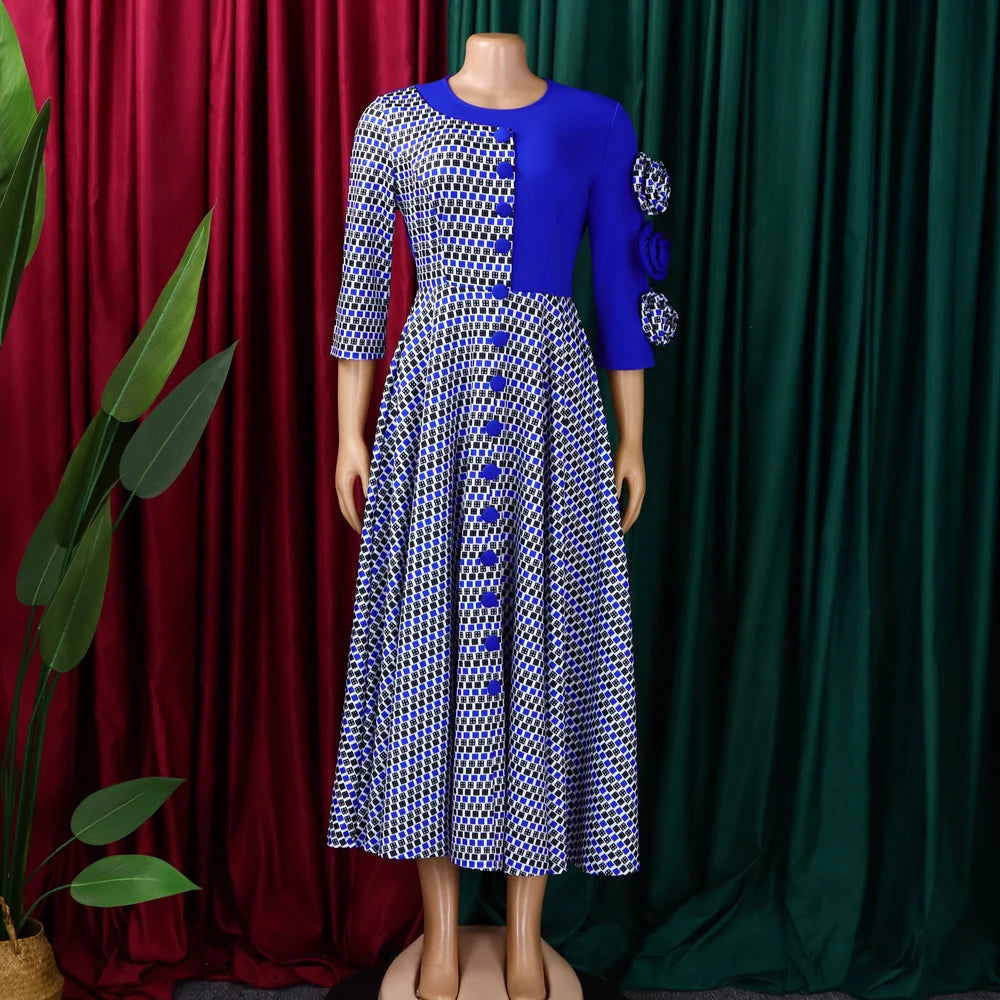 3D Flower A-Line Evening Dress – African Plaid Party Style