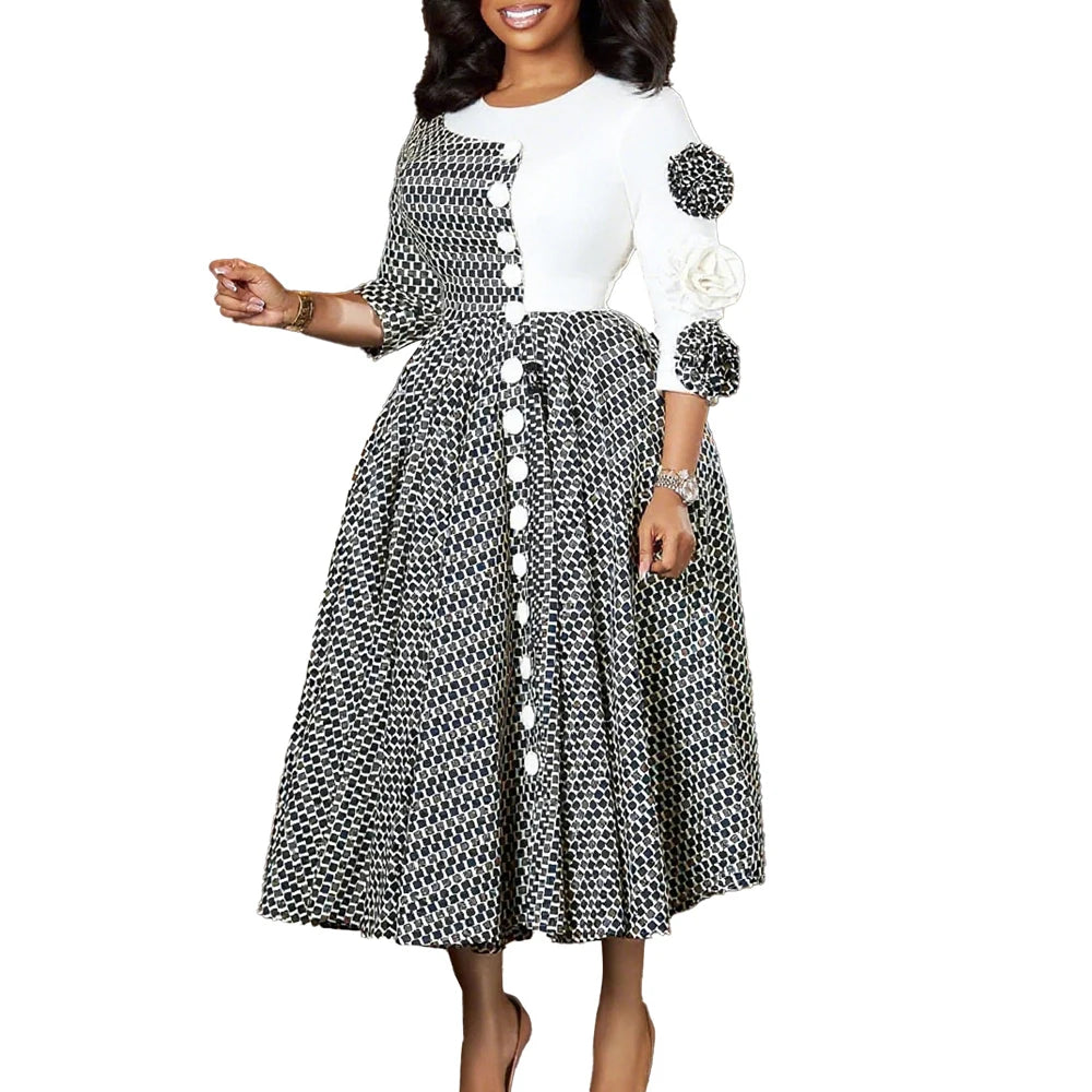 3D Flower A-Line Evening Dress – African Plaid Party Style