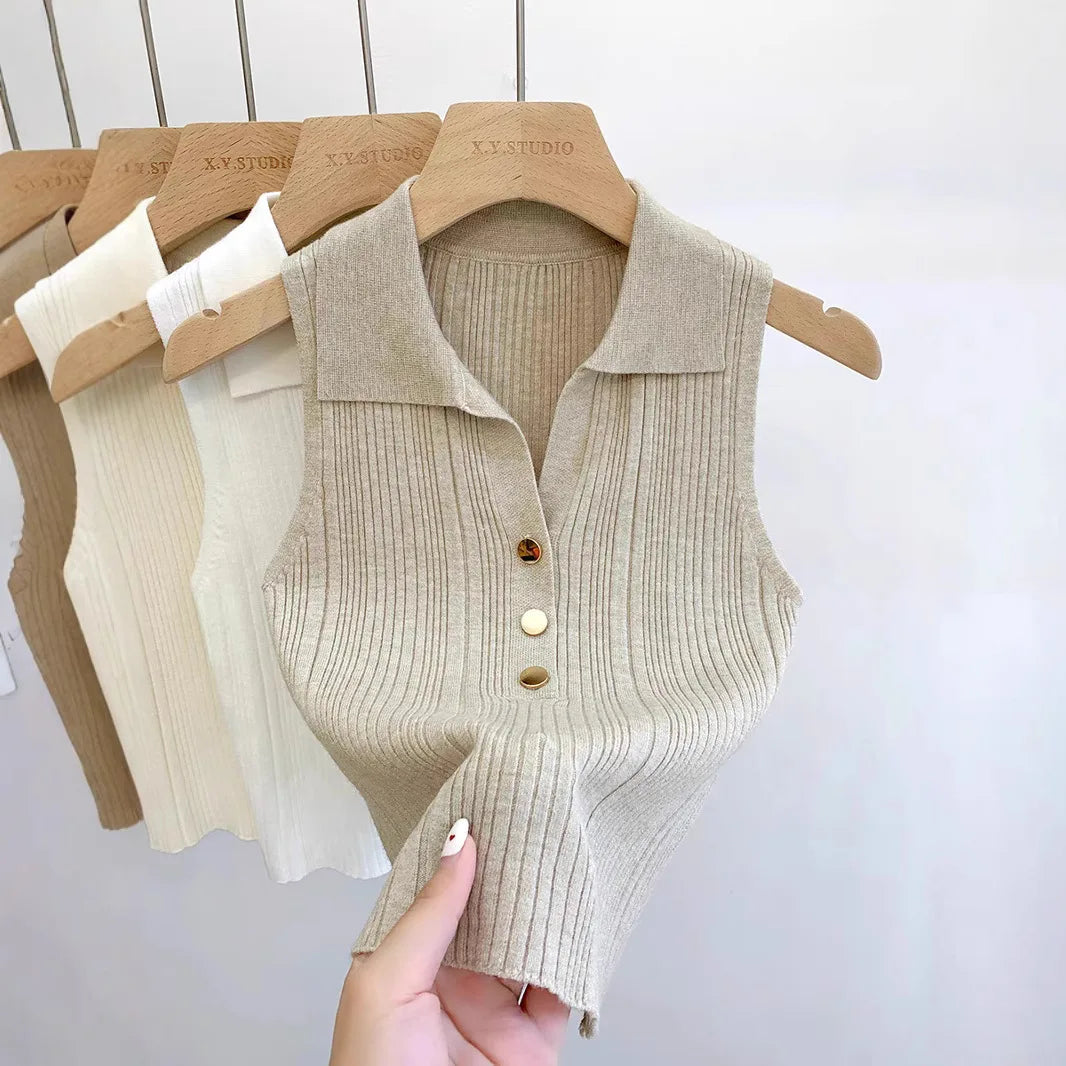 Summer Turn Down Collar Gold Button Slim Knitted Sweater Vests Elegant Knitwear Tank Tops BSTFSC-m1948