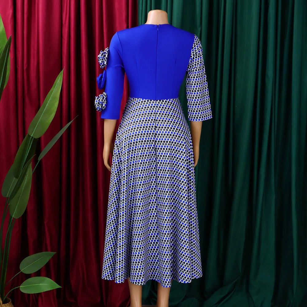 3D Flower A-Line Evening Dress – African Plaid Party Style
