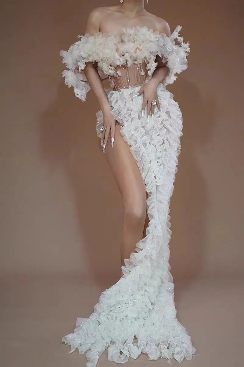 Long Elegant White Flower Evening Dresses For Women Sexy Off Shoulder Beaded Lace African Woman Formal Evening Gowns