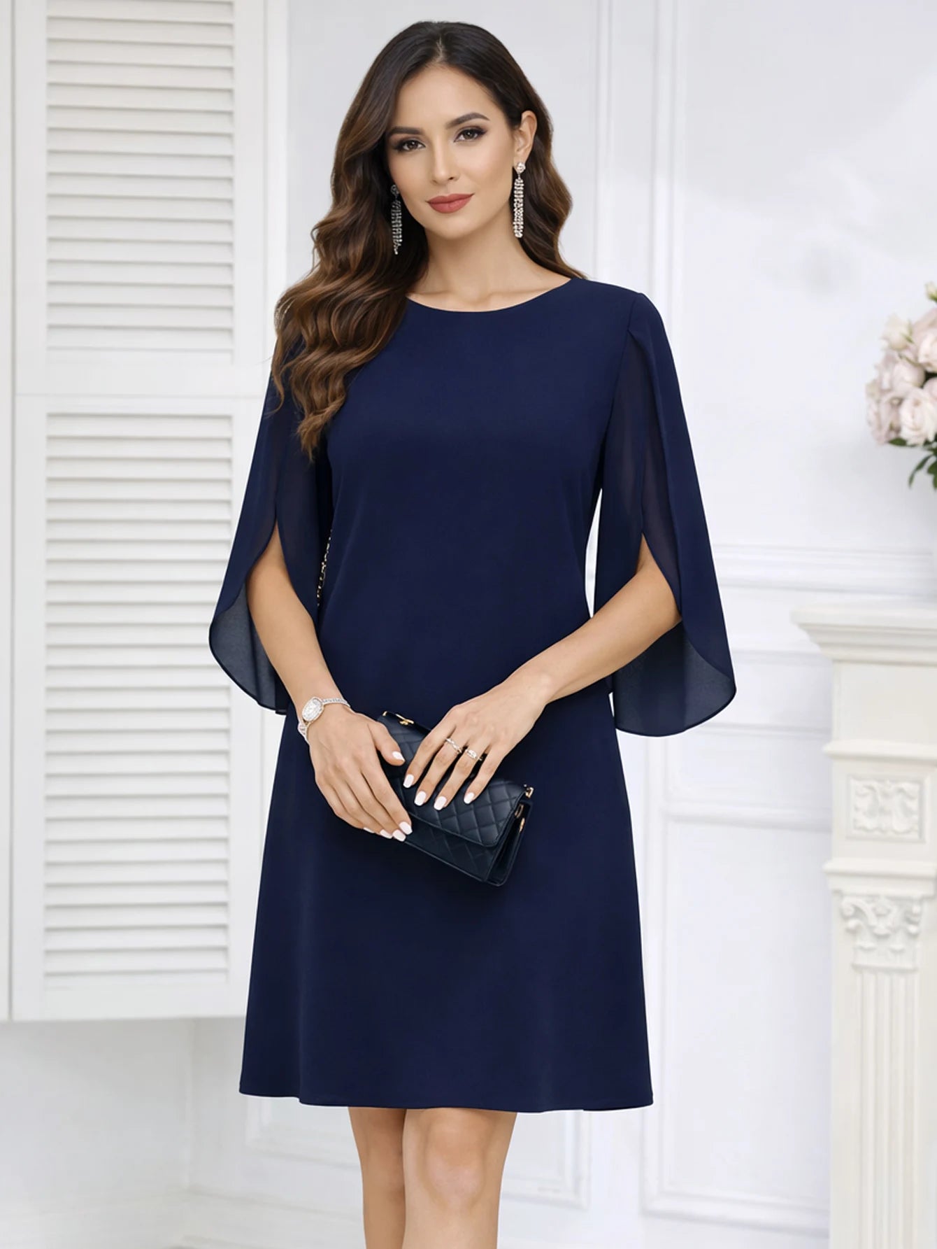 Women Elegant  Round Neck Flare Summer Knee Length A Line Dress Loose Fit Solid Color  Work Daily Wear Party Gathering Outfit