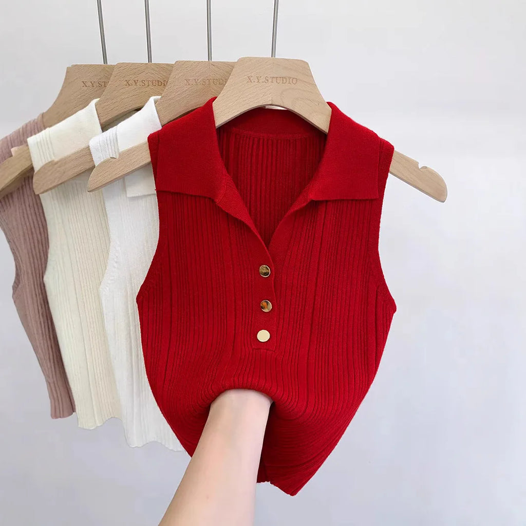 Summer Turn Down Collar Gold Button Slim Knitted Sweater Vests Elegant Knitwear Tank Tops BSTFSC-m1948