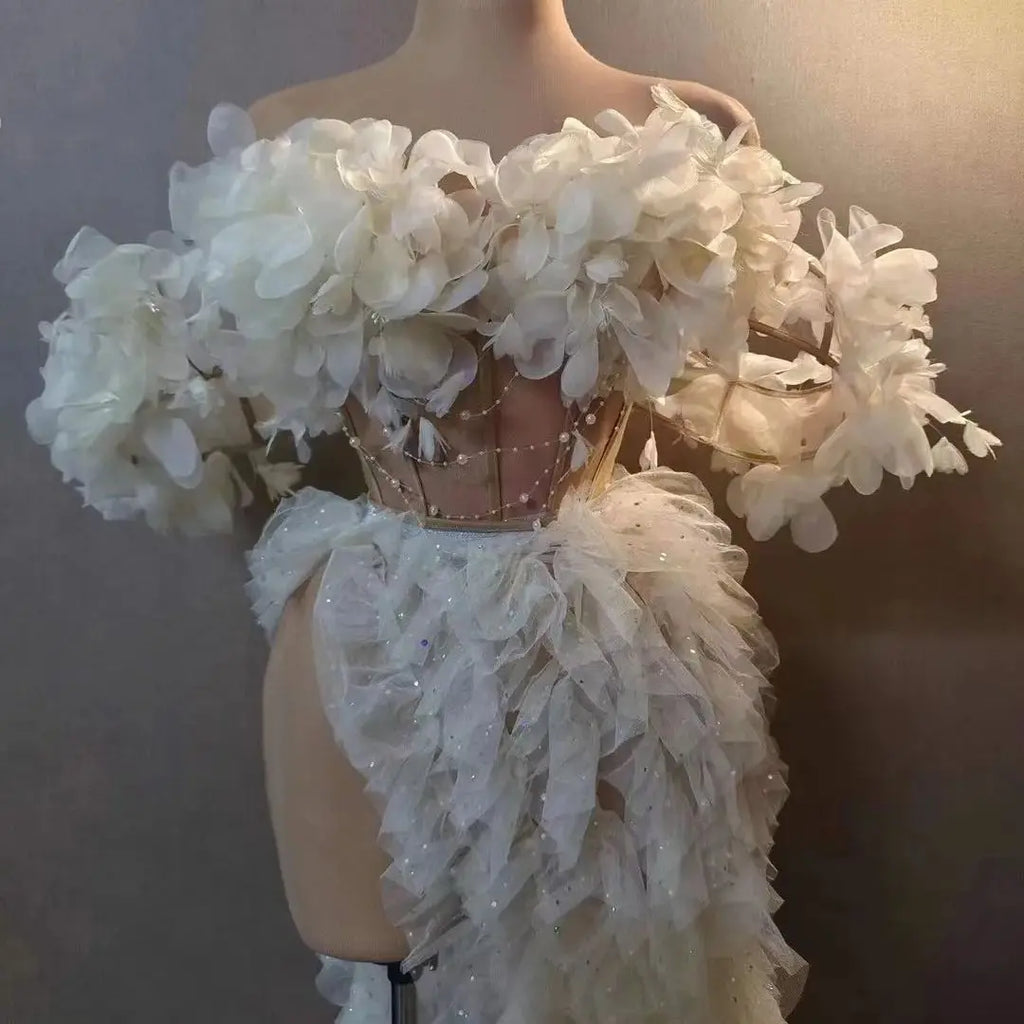 Long Elegant White Flower Evening Dresses For Women Sexy Off Shoulder Beaded Lace African Woman Formal Evening Gowns