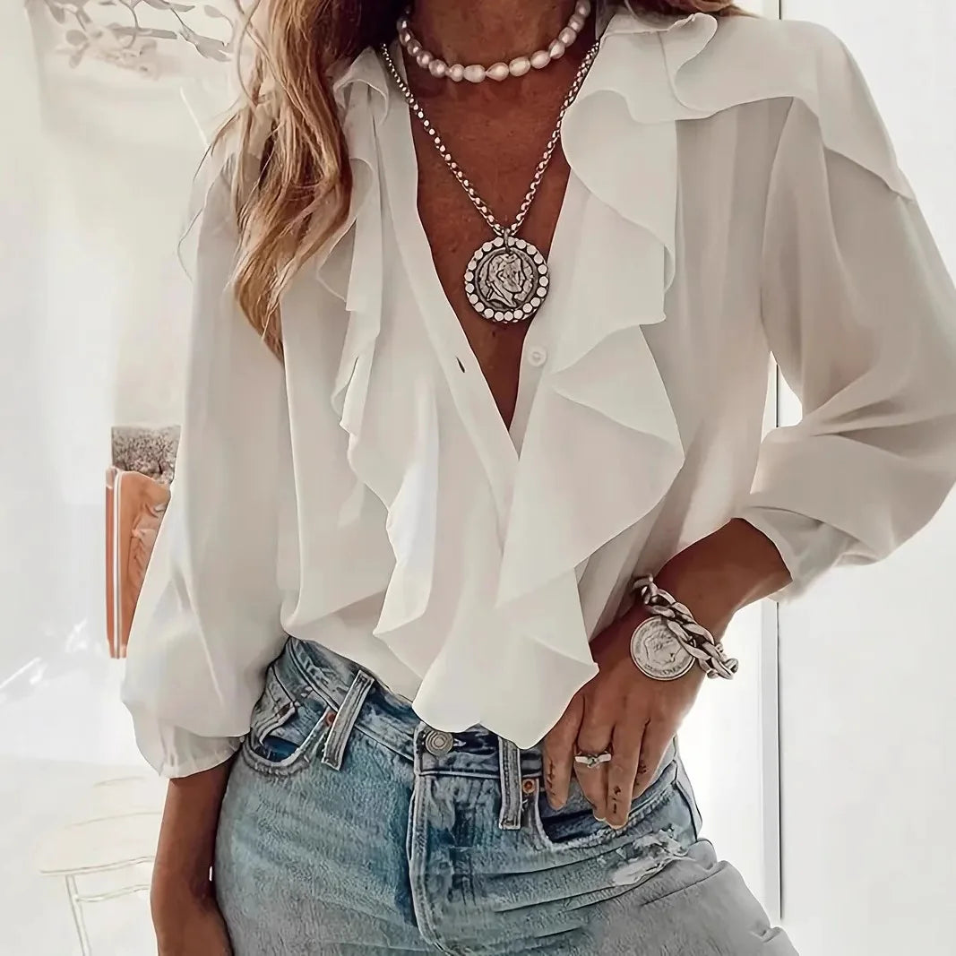 Women's Shirt V-neck Long-sleeved Ruffle Top Spring Summer Fashion Elegant Solid Office Holiday Casual Shirts Womens Clothing