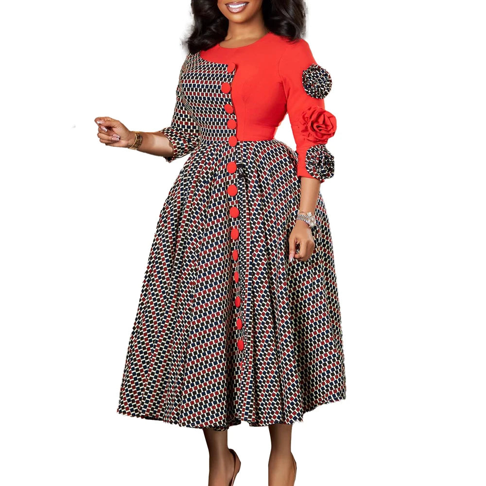 3D Flower A-Line Evening Dress – African Plaid Party Style