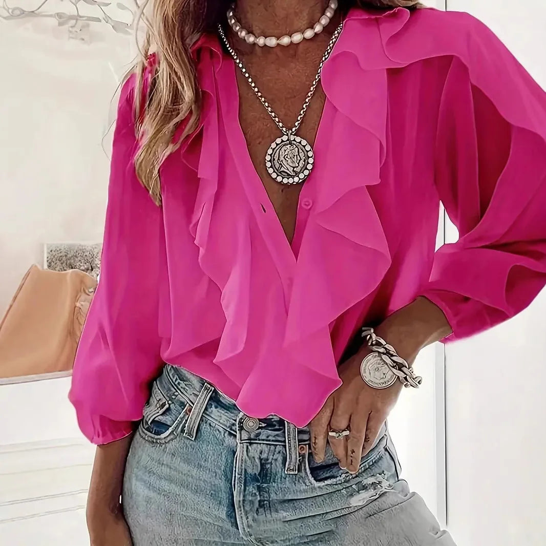 Women's Shirt V-neck Long-sleeved Ruffle Top Spring Summer Fashion Elegant Solid Office Holiday Casual Shirts Womens Clothing