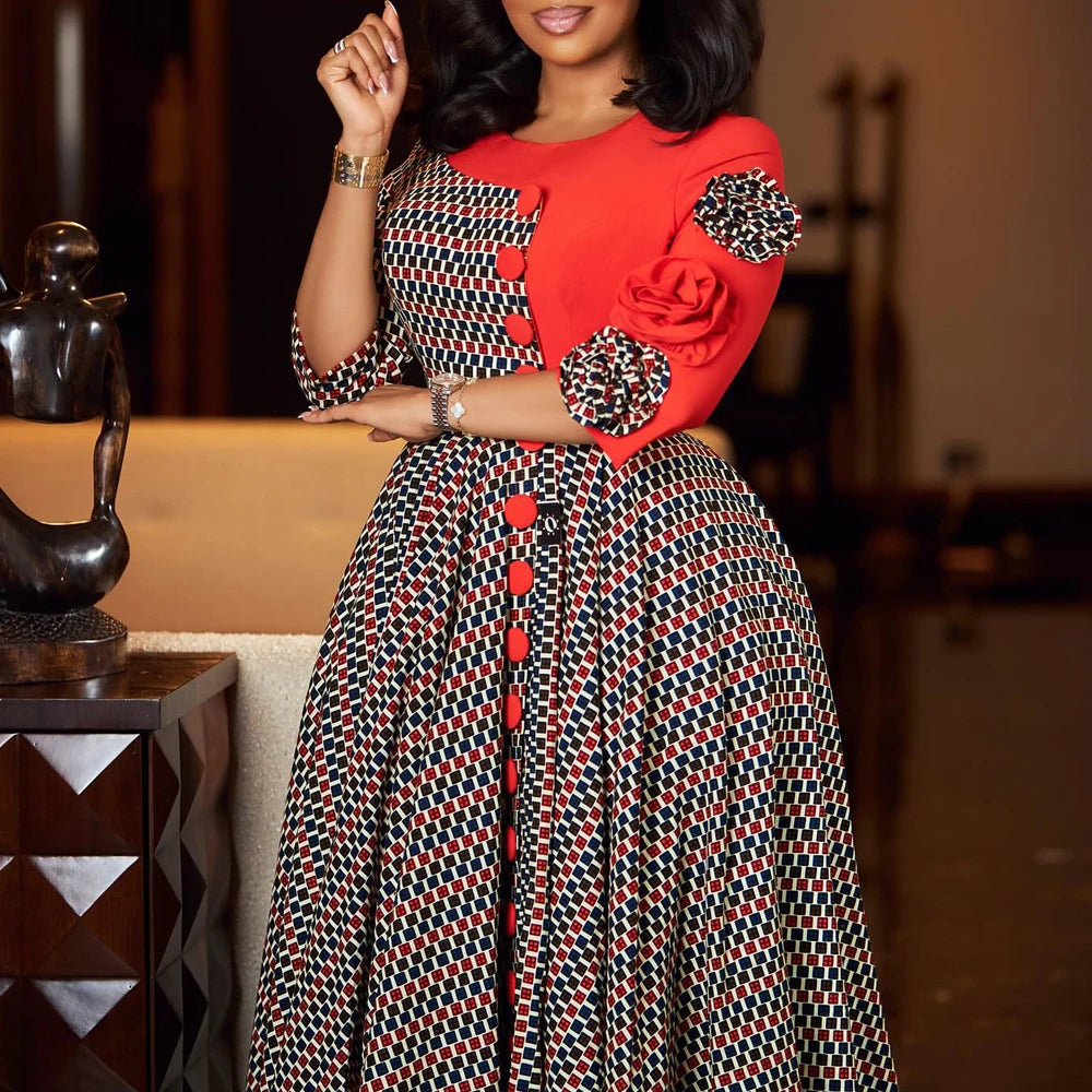 3D Flower A-Line Evening Dress – African Plaid Party Style