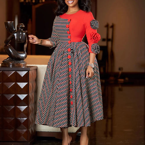 3D Flower A-Line Evening Dress – African Plaid Party Style