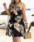 Women's 2026 Tropical Leaf Print Halter Neck Mini Dress Sleeveless Backless A-Line Summer Beach Sundress Casual