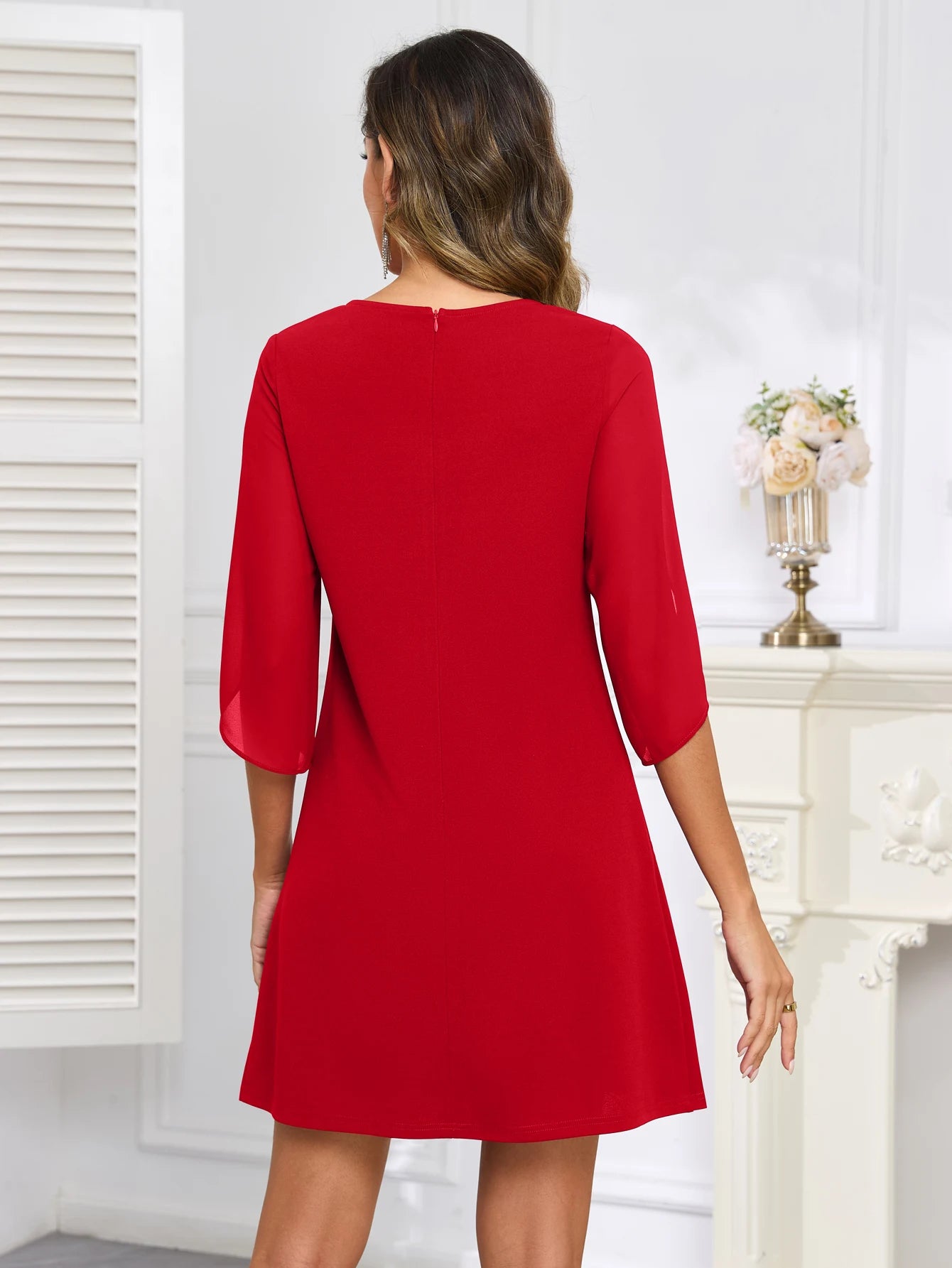 Women Elegant  Round Neck Flare Summer Knee Length A Line Dress Loose Fit Solid Color  Work Daily Wear Party Gathering Outfit